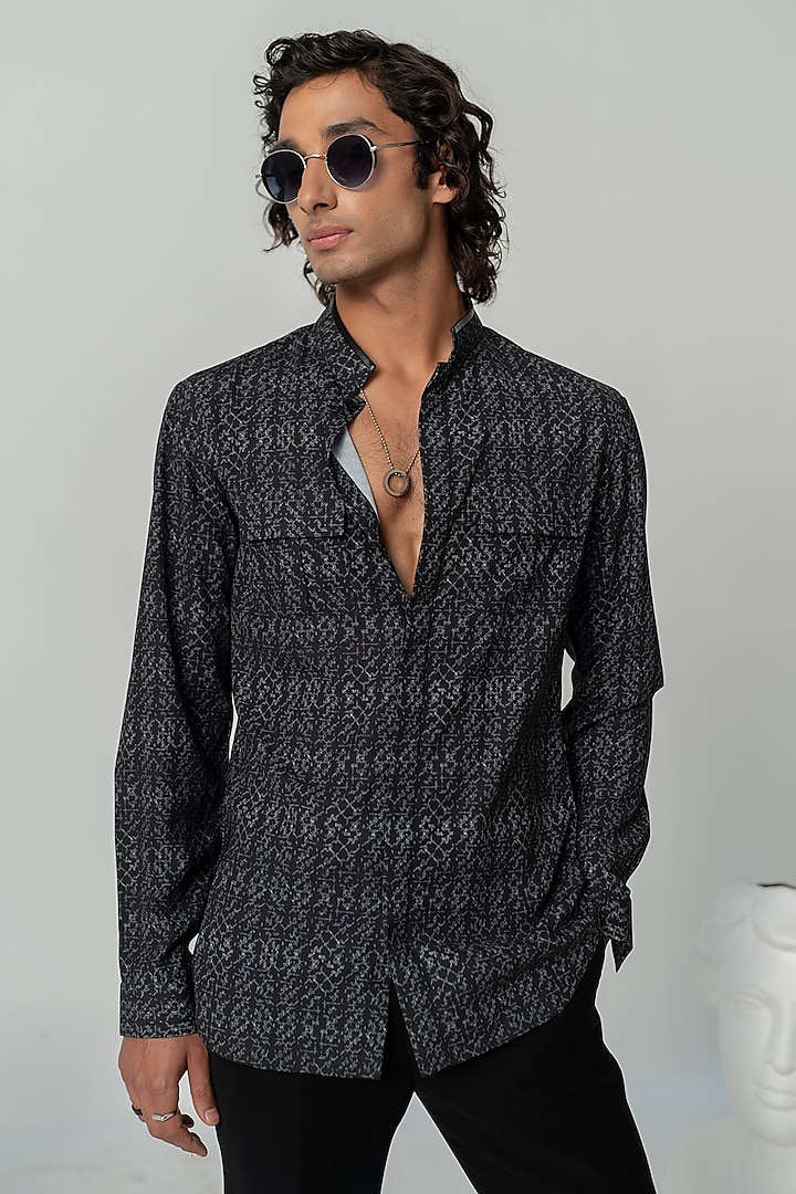 Black Italian Crepe Abstract Printed Shirt by Varun Chakkilam Men