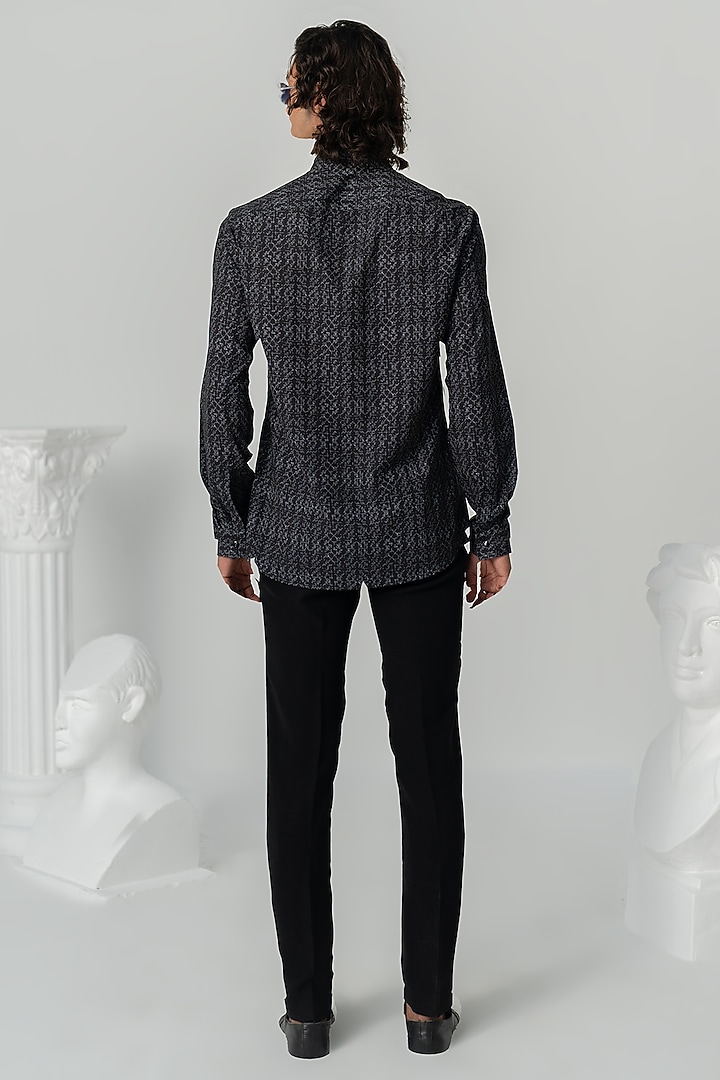 Black Italian Crepe Abstract Printed Party Wear Shirt by Varun Chakkilam Men at Pernia's Pop Up Shop