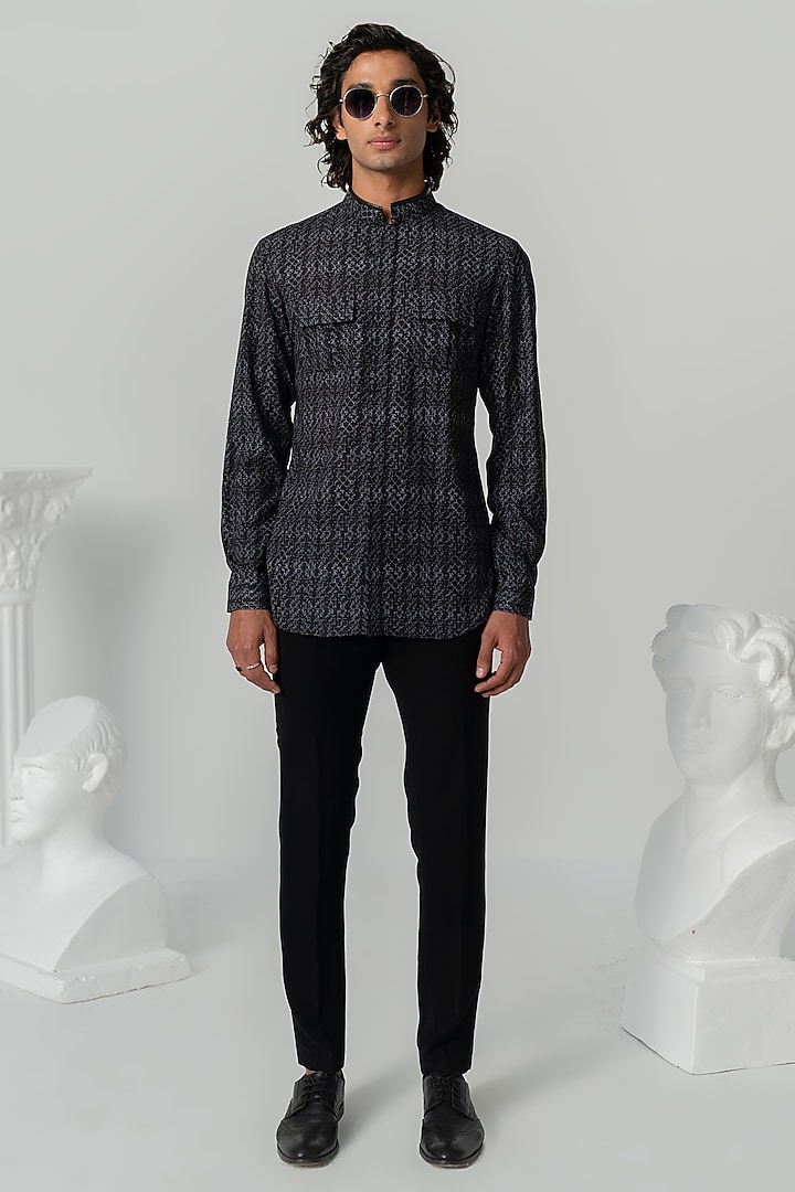 Black Italian Crepe Abstract Printed Party Wear Shirt by Varun Chakkilam Men at Pernia's Pop Up Shop