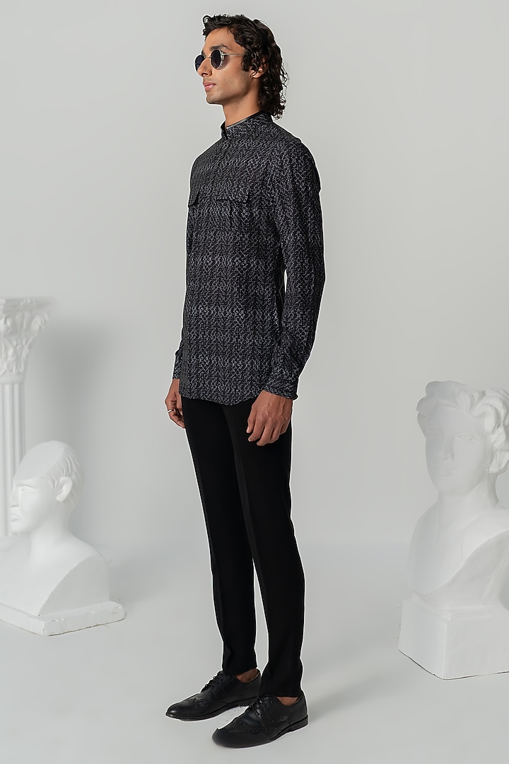 Black Italian Crepe Abstract Printed Party Wear Shirt by Varun Chakkilam Men at Pernia's Pop Up Shop