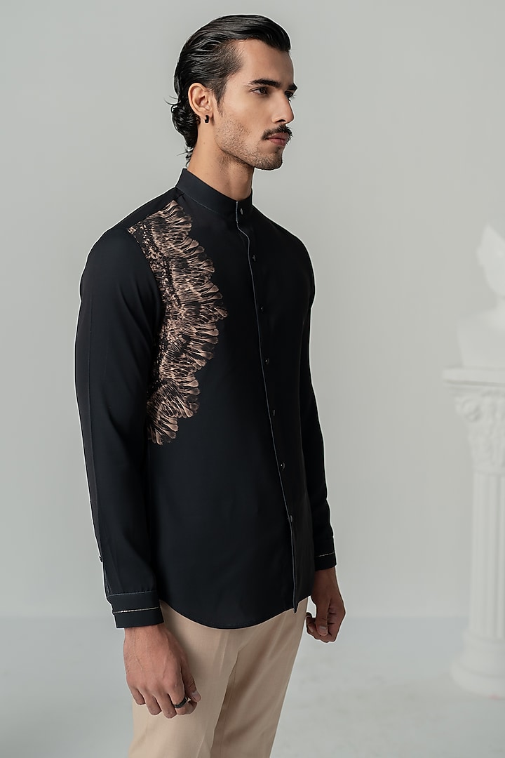 Black Italian Crepe Shirt by Varun Chakkilam Men