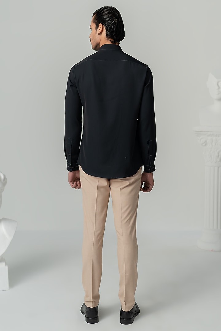 Black Italian Crepe Party Wear Shirt by Varun Chakkilam Men at Pernia's Pop Up Shop