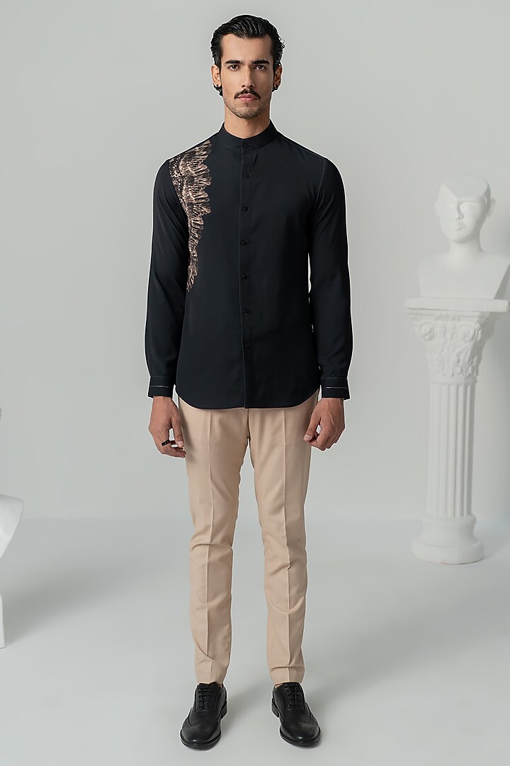 Black Italian Crepe Party Wear Shirt by Varun Chakkilam Men at Pernia's Pop Up Shop