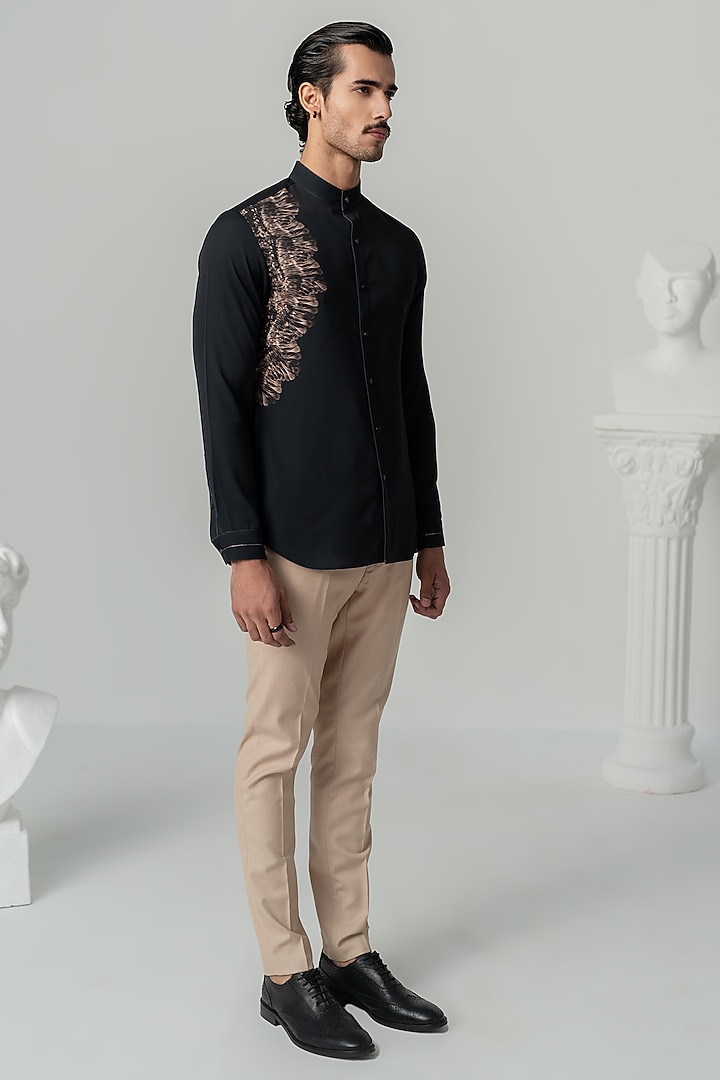 Black Italian Crepe Party Wear Shirt by Varun Chakkilam Men at Pernia's Pop Up Shop