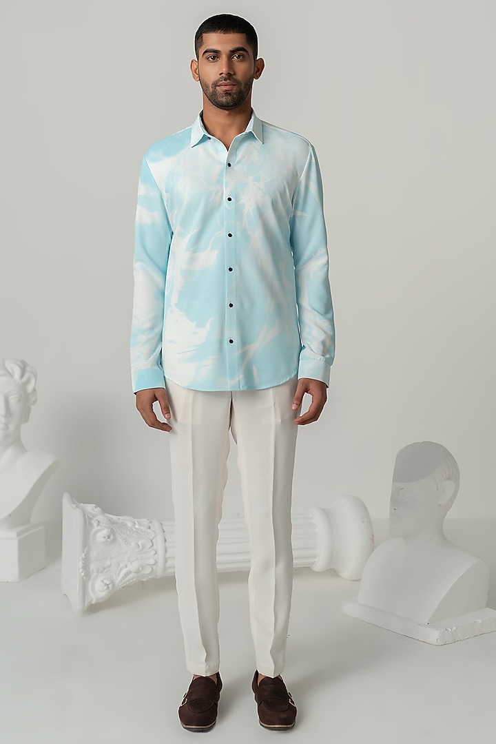 Aqua Italian Crepe Party Wear Shirt by Varun Chakkilam Men at Pernia's Pop Up Shop