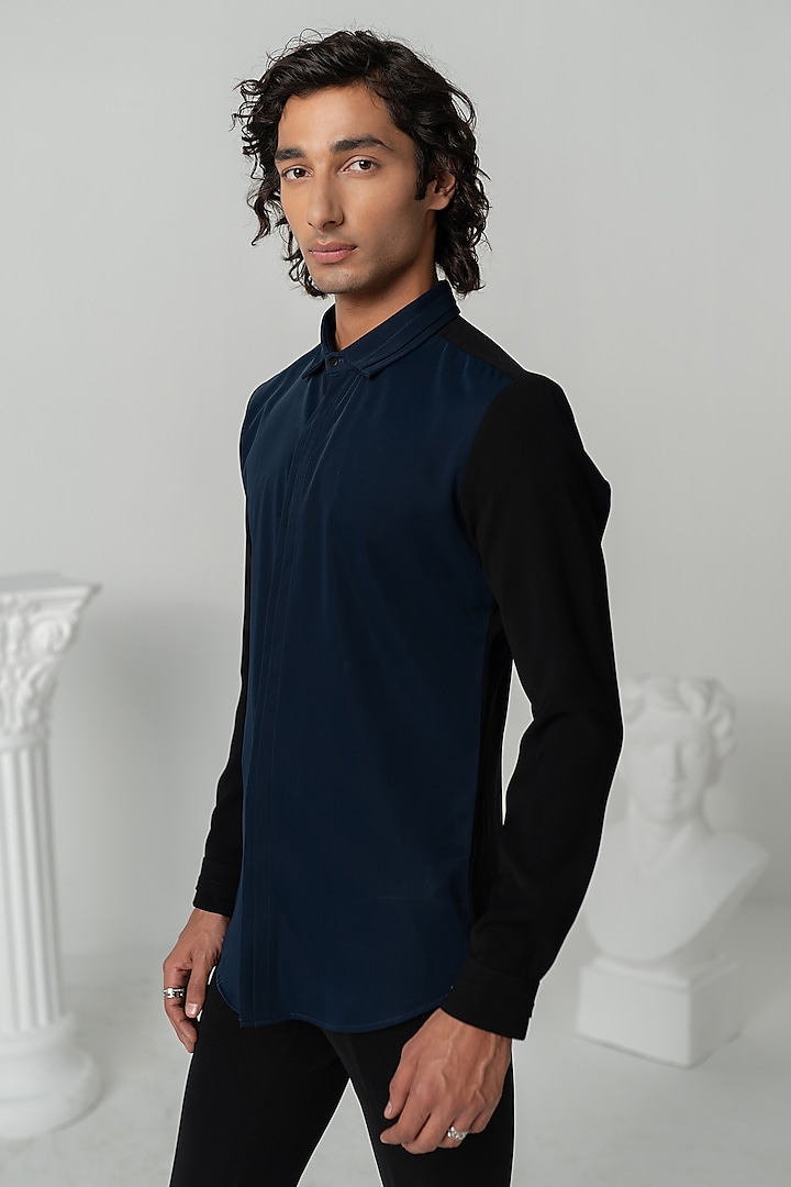 Midnight Blue Japanese Polyester Shirt by Varun Chakkilam Men