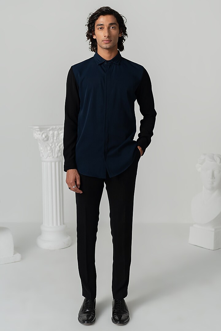 Midnight Blue Japanese Polyester Party Wear Shirt by Varun Chakkilam Men at Pernia's Pop Up Shop
