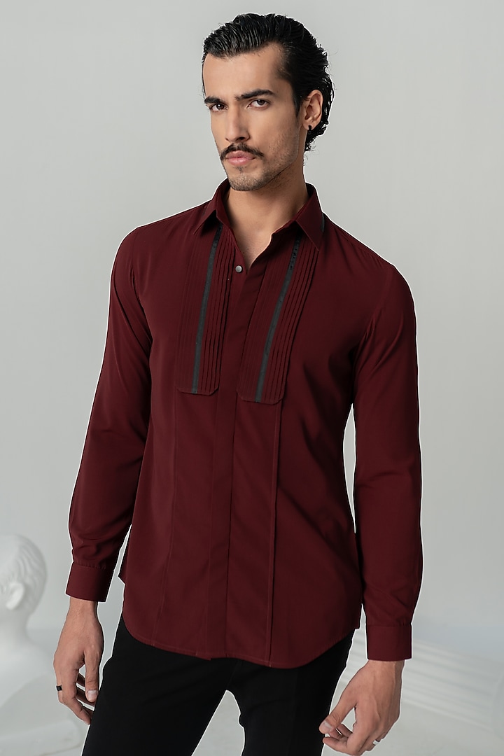 Wine Italian Crepe Shirt by Varun Chakkilam Men