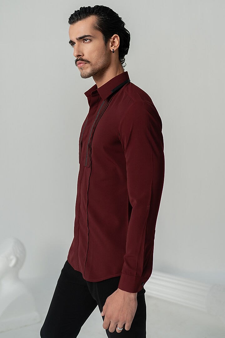 Wine Italian Crepe Wedding Shirt by Varun Chakkilam Men at Pernia's Pop Up Shop