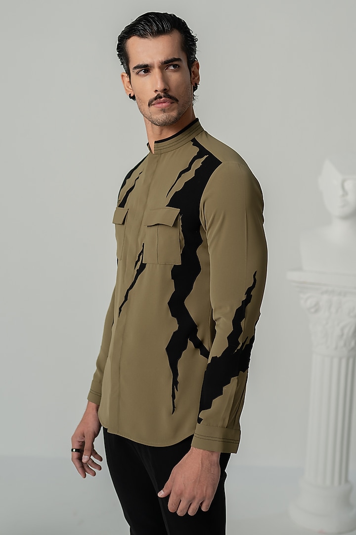 Khaki Japanese Polyester Shirt by Varun Chakkilam Men