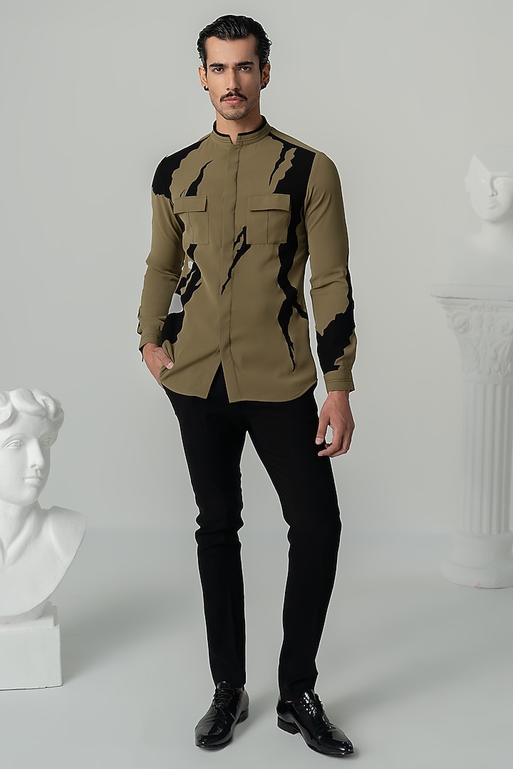 Khaki Japanese Polyester Wedding Shirt by Varun Chakkilam Men at Pernia's Pop Up Shop