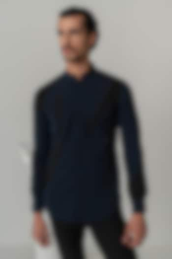 Midnight Blue Japanese Polyester Shirt by Varun Chakkilam Men