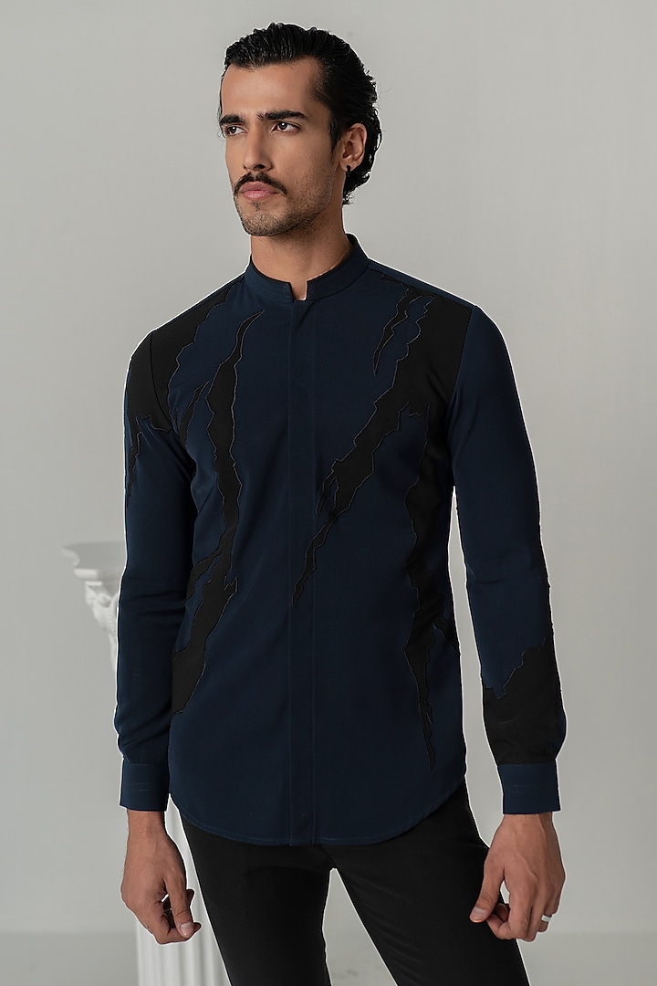 Midnight Blue Japanese Polyester Shirt by Varun Chakkilam Men