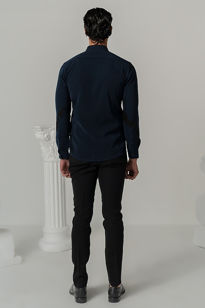 Midnight Blue Japanese Polyester Wedding Shirt by Varun Chakkilam Men at Pernia's Pop Up Shop