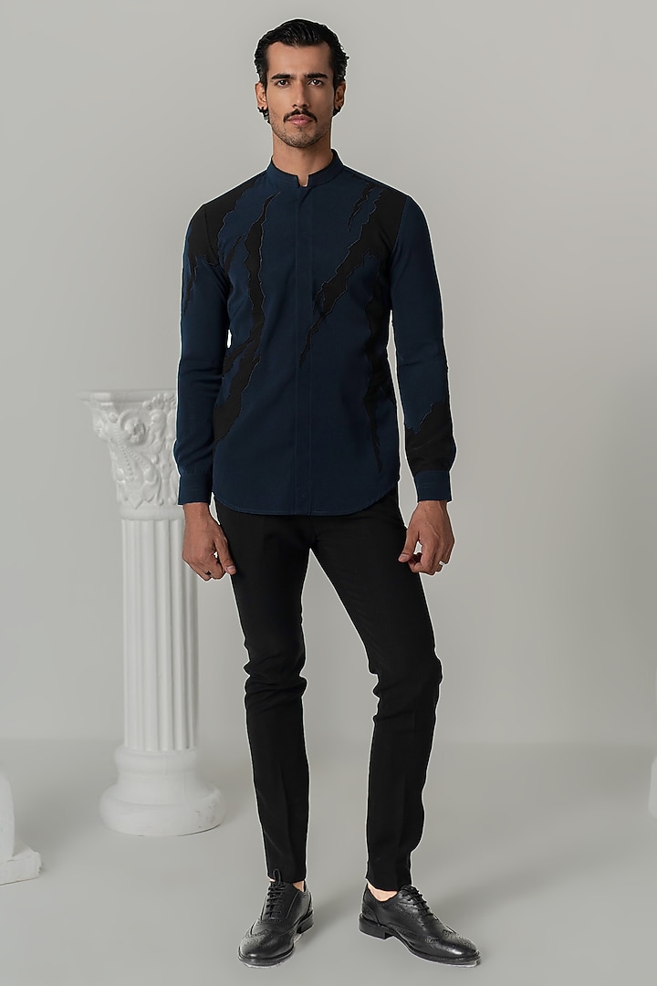 Midnight Blue Japanese Polyester Wedding Shirt by Varun Chakkilam Men at Pernia's Pop Up Shop