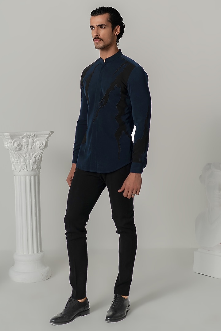 Midnight Blue Japanese Polyester Wedding Shirt by Varun Chakkilam Men at Pernia's Pop Up Shop