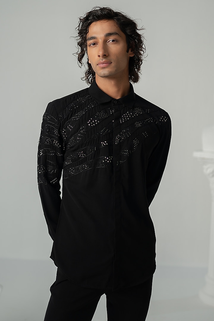 Black Japanese Polyester Stellar Shirt by Varun Chakkilam Men