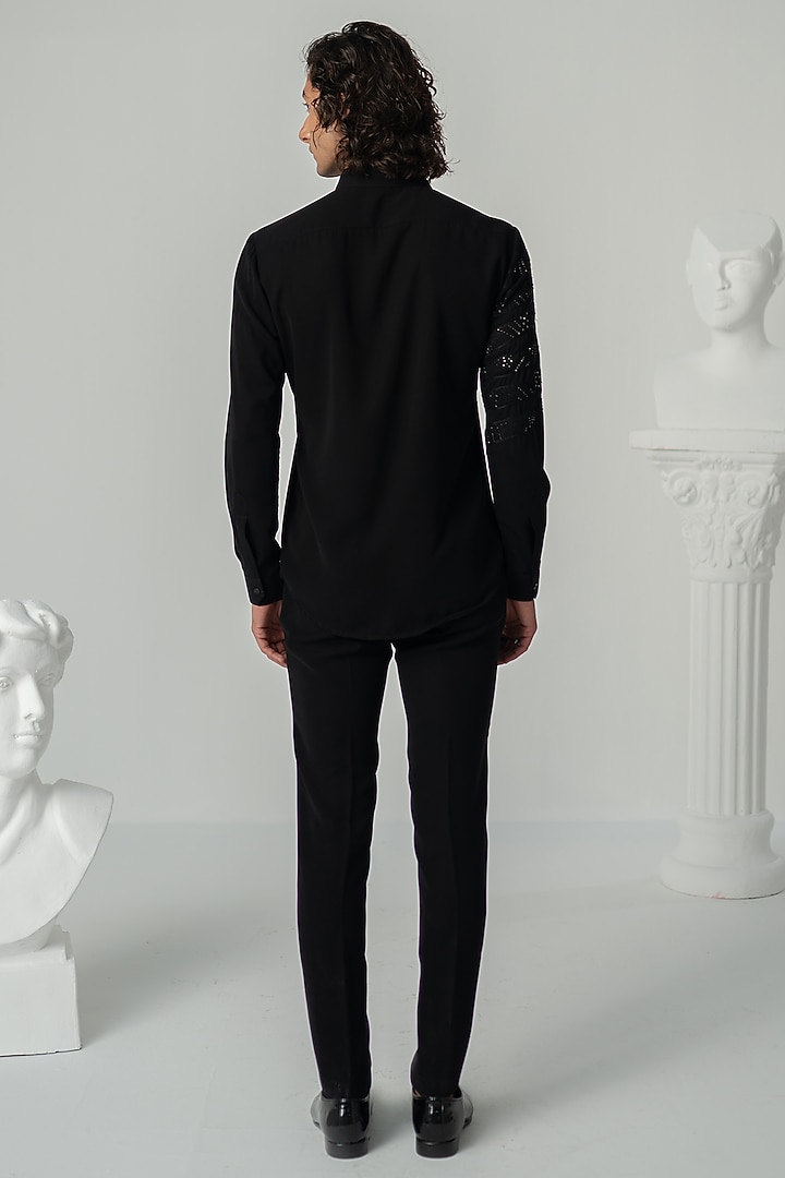 Black Japanese Polyester Stellar Wedding Shirt by Varun Chakkilam Men at Pernia's Pop Up Shop