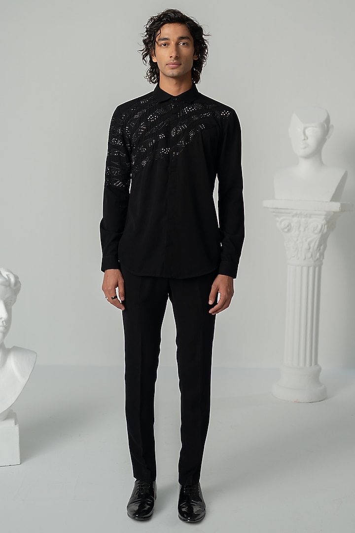 Black Japanese Polyester Stellar Wedding Shirt by Varun Chakkilam Men at Pernia's Pop Up Shop