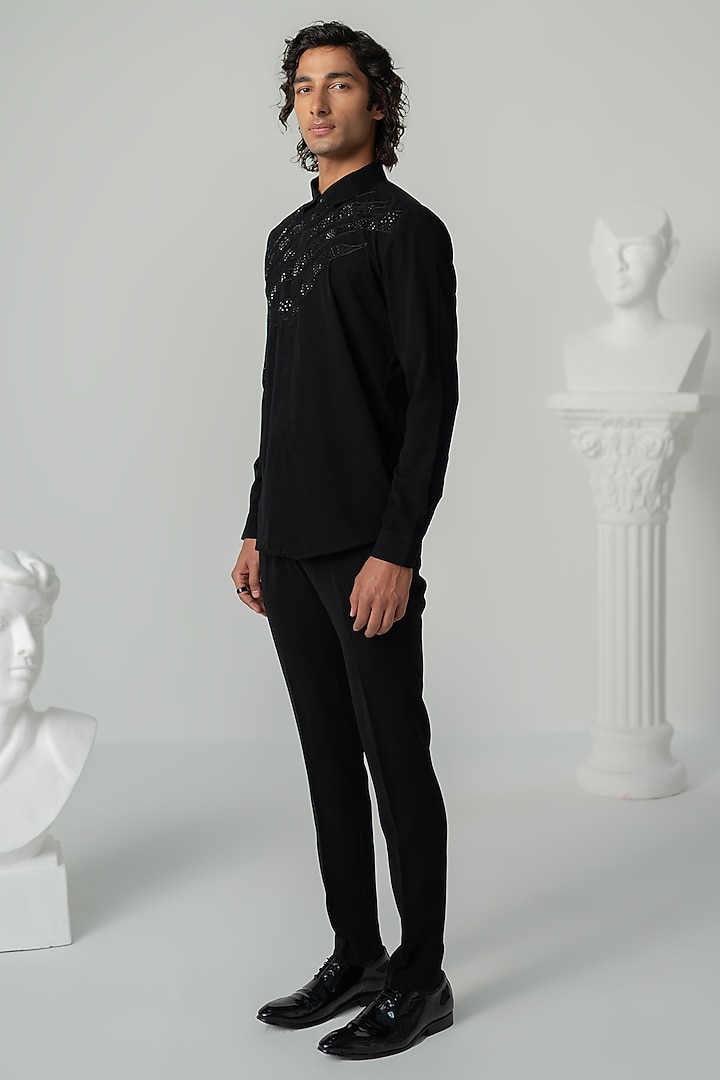 Black Japanese Polyester Stellar Wedding Shirt by Varun Chakkilam Men at Pernia's Pop Up Shop