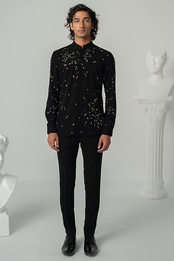 Black Japanese Polyester Stellar Shirt by Varun Chakkilam Men