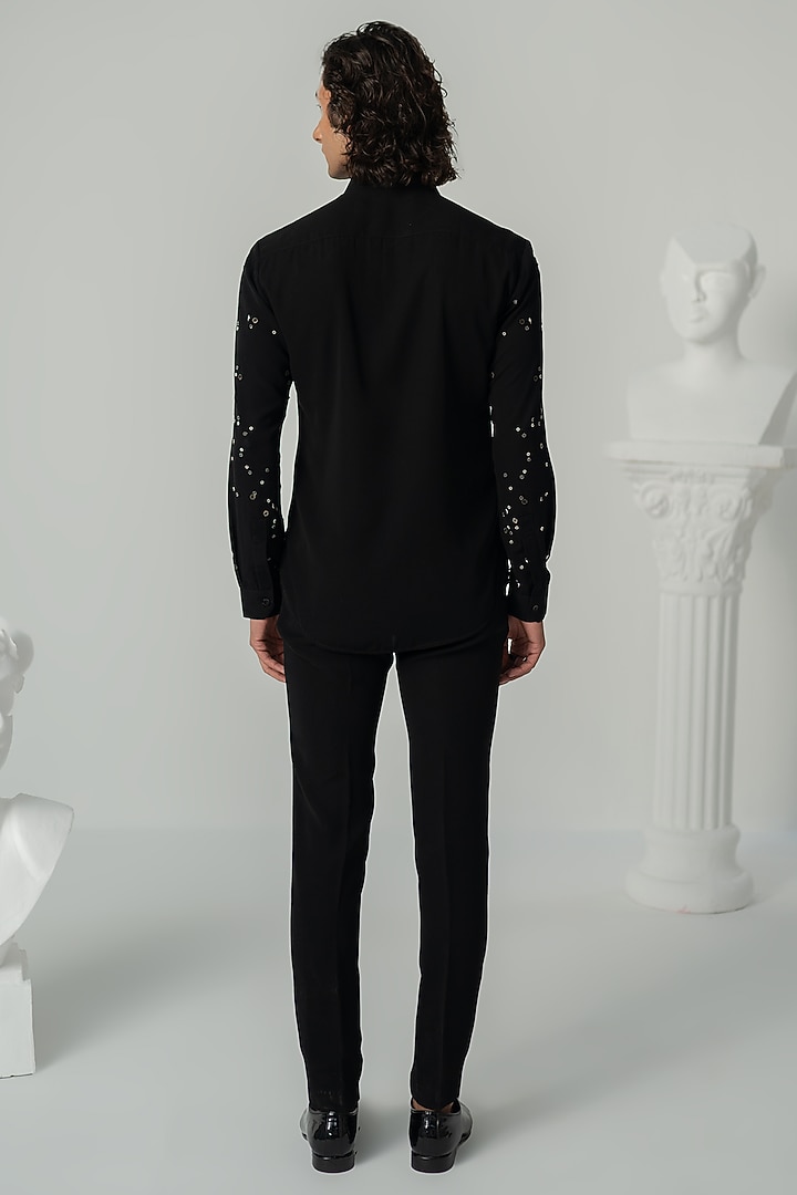 Black Japanese Polyester Stellar Wedding Shirt by Varun Chakkilam Men at Pernia's Pop Up Shop