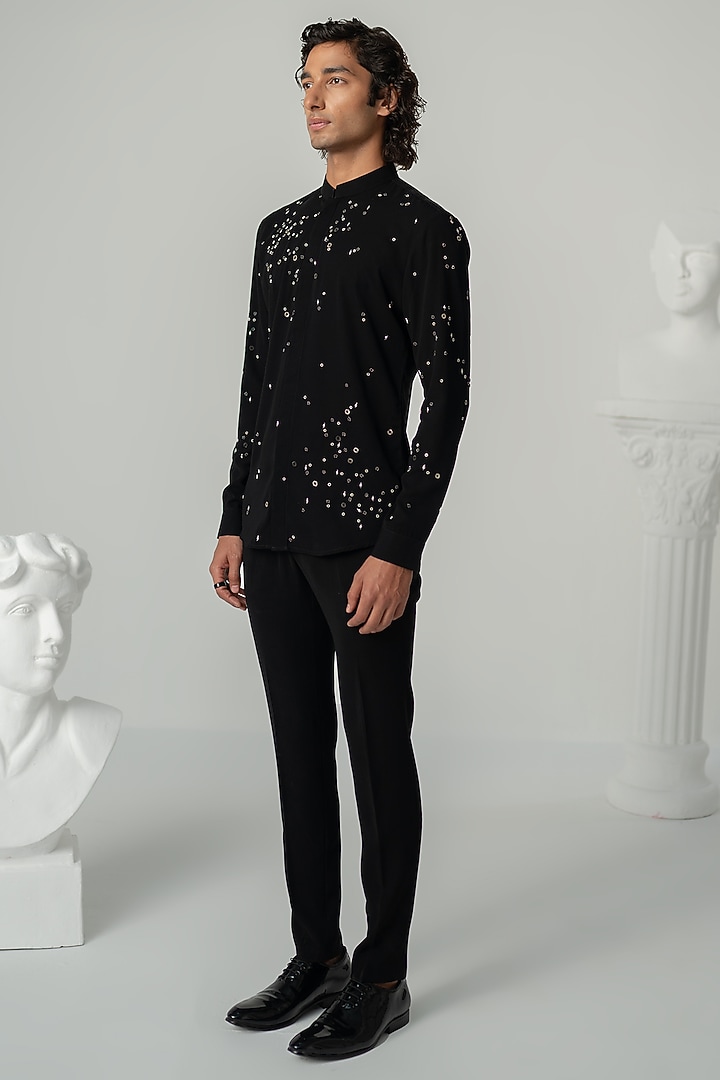 Black Japanese Polyester Stellar Wedding Shirt by Varun Chakkilam Men at Pernia's Pop Up Shop