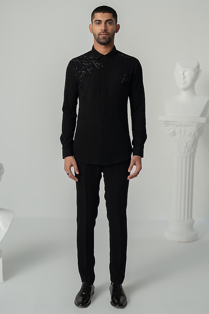 Black Japanese Polyester Shirt by Varun Chakkilam Men