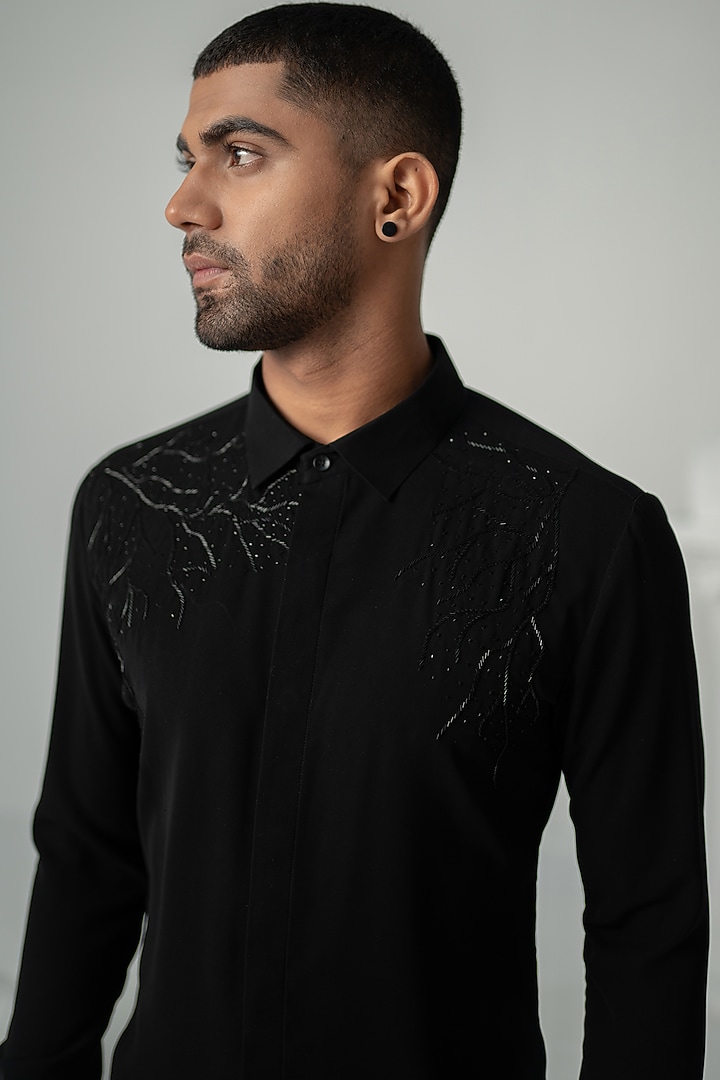 Black Japanese Polyester Wedding Shirt by Varun Chakkilam Men at Pernia's Pop Up Shop