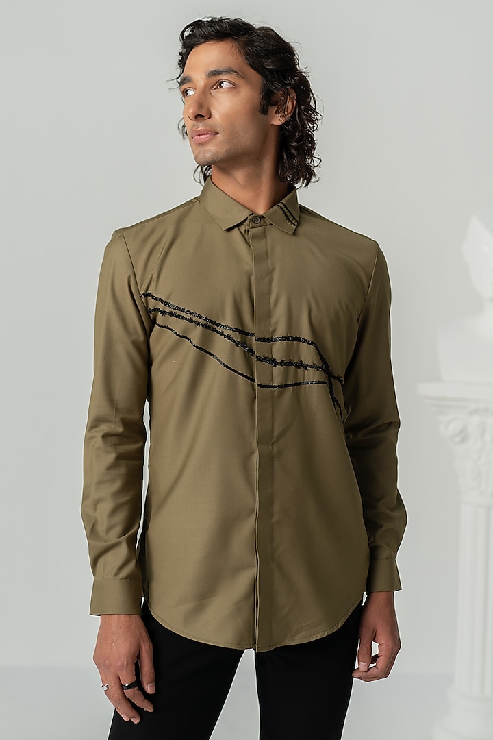 Khaki Italian Crepe Shirt by Varun Chakkilam Men