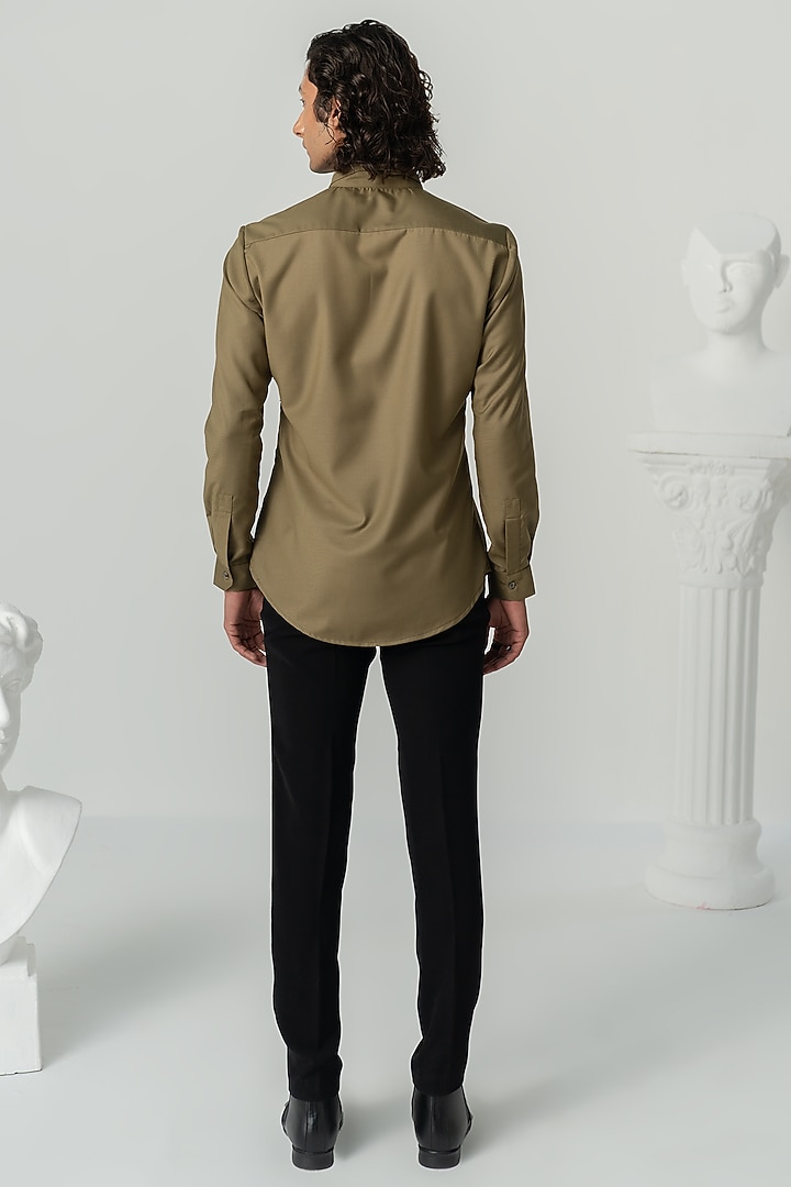 Khaki Italian Crepe Wedding Shirt by Varun Chakkilam Men at Pernia's Pop Up Shop