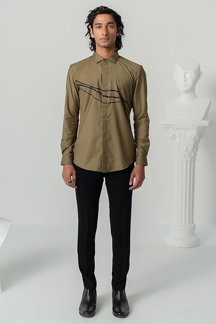 Khaki Italian Crepe Wedding Shirt by Varun Chakkilam Men at Pernia's Pop Up Shop