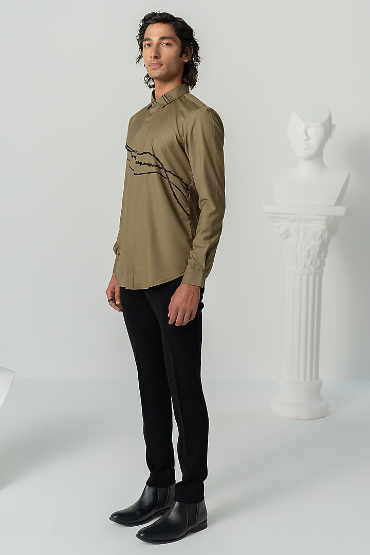 Khaki Italian Crepe Wedding Shirt by Varun Chakkilam Men at Pernia's Pop Up Shop