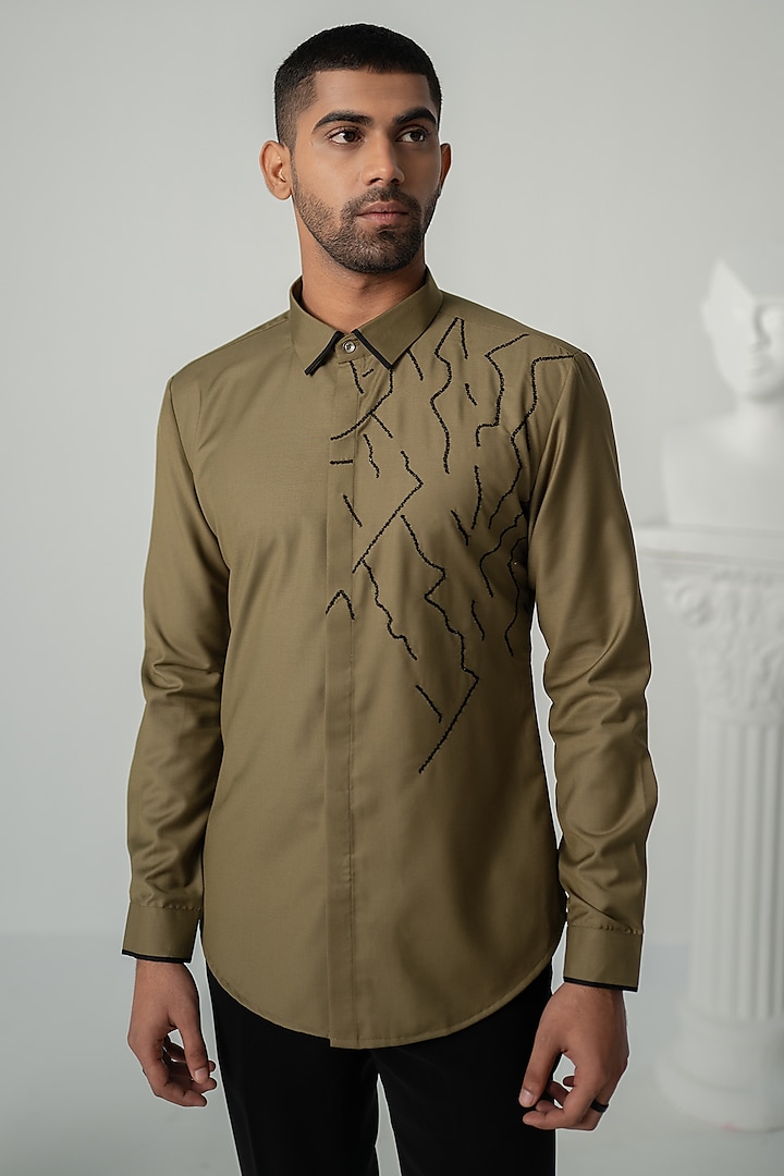 Khaki Italian Crepe Shirt by Varun Chakkilam Men