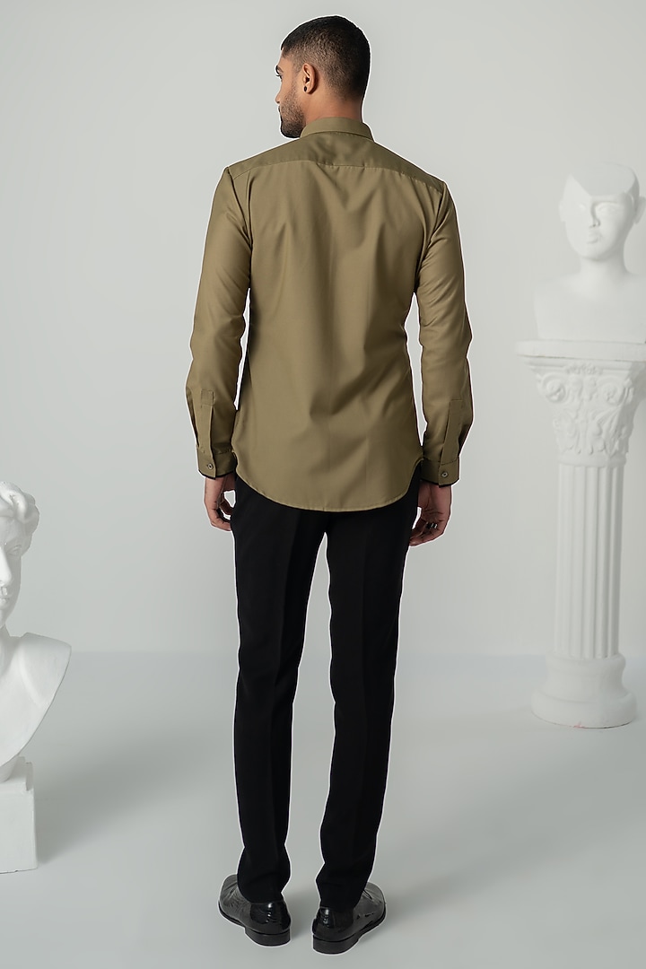 Khaki Italian Crepe Wedding Shirt by Varun Chakkilam Men at Pernia's Pop Up Shop