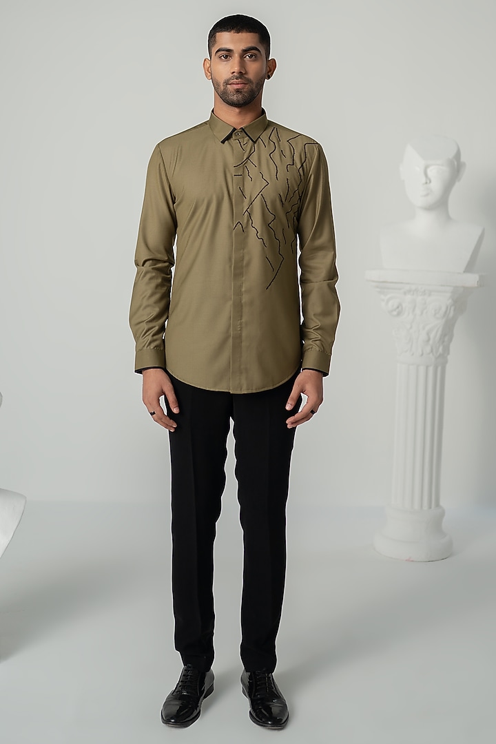 Khaki Italian Crepe Wedding Shirt by Varun Chakkilam Men at Pernia's Pop Up Shop