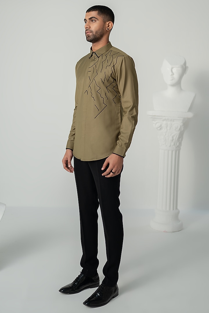 Khaki Italian Crepe Wedding Shirt by Varun Chakkilam Men at Pernia's Pop Up Shop