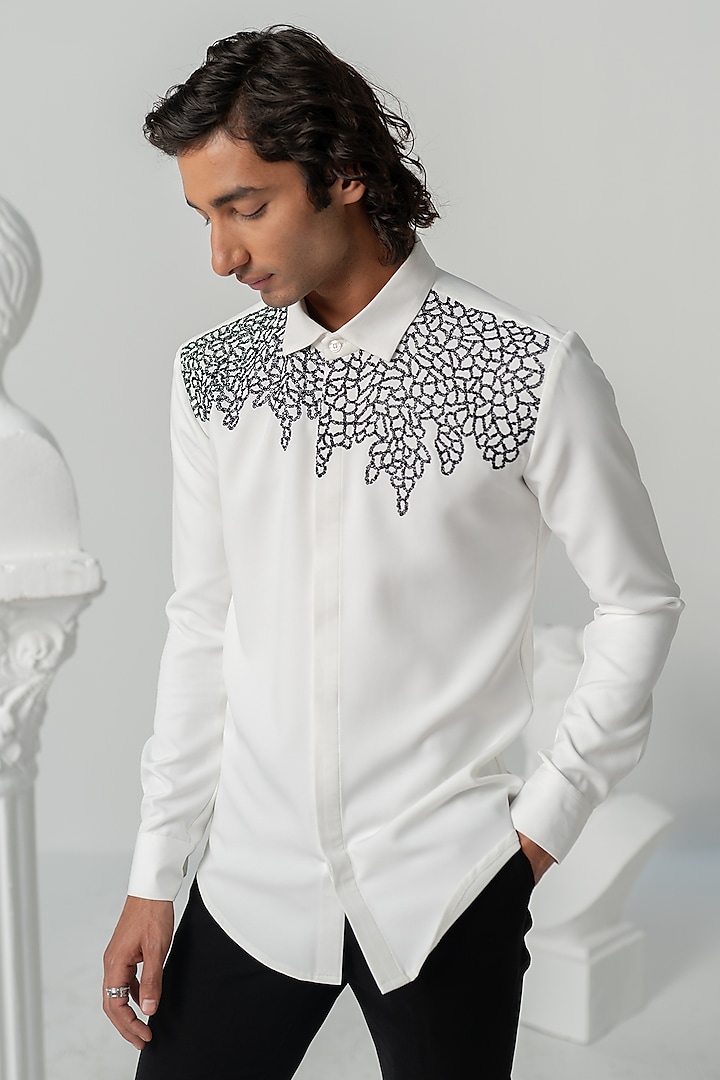 Bright White Japanese Polyester Shirt by Varun Chakkilam Men