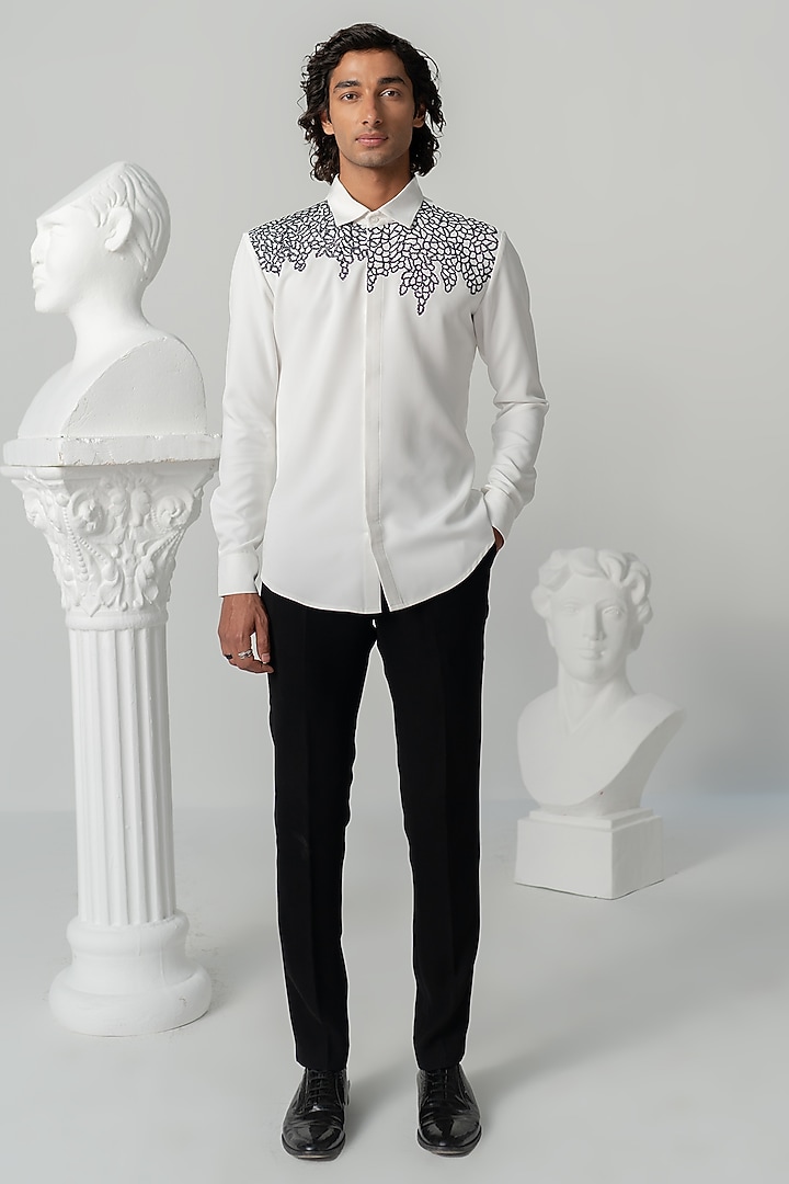 Bright White Japanese Polyester Wedding Shirt by Varun Chakkilam Men at Pernia's Pop Up Shop