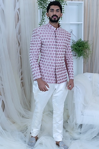 Blush Pink Raw Silk Embroidered Bandhgala Set by Varun Chakkilam Men