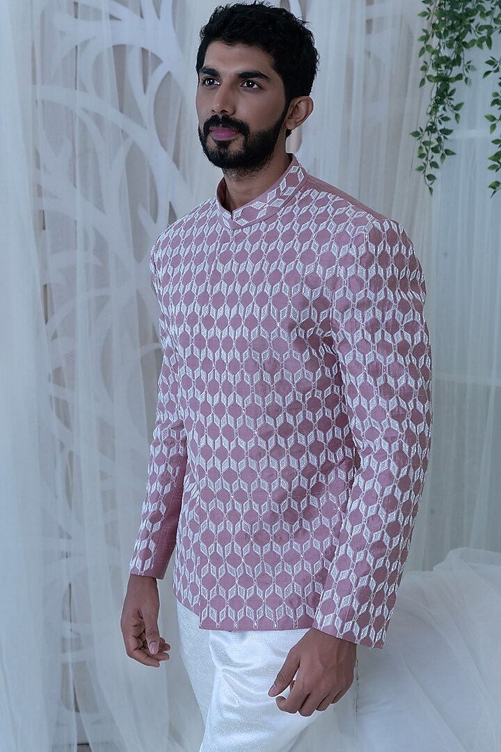 Blush Pink Raw Silk Embroidered Wedding Bandhgala Set by Varun Chakkilam Men at Pernia's Pop Up Shop