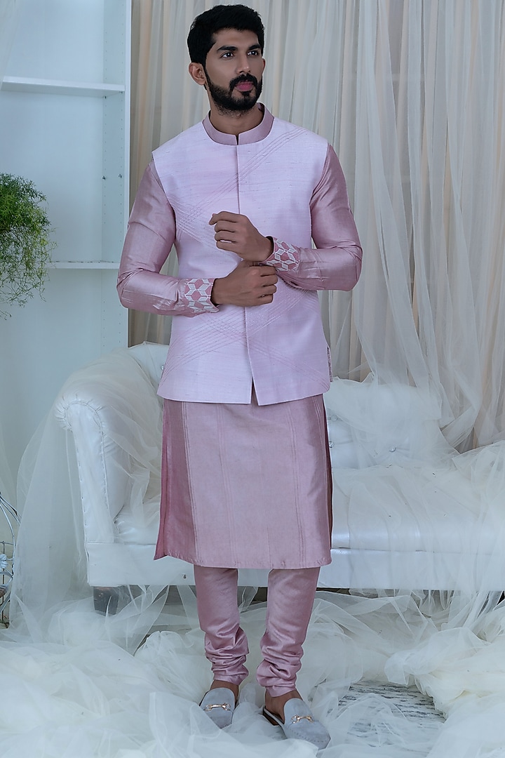 Pink Pintucked Bandi Jacket Set by Varun Chakkilam Men
