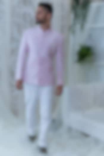 Blush Pink & White Bandhgala Jacket Set by Varun Chakkilam Men