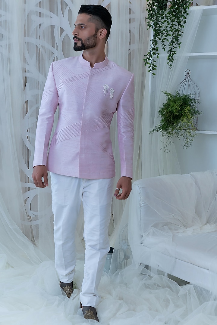 Blush Pink & White Bandhgala Jacket Set by Varun Chakkilam Men