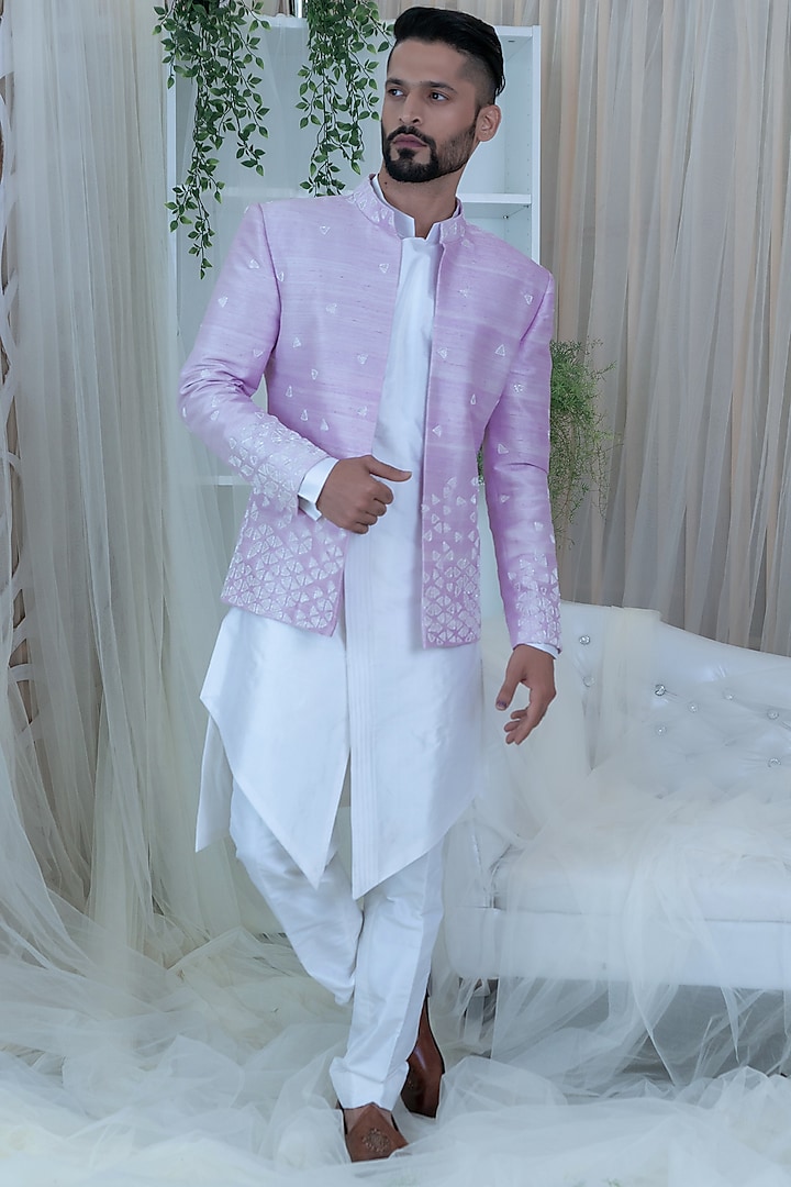 Mauve & White Embroidered Indowestern Jacket Set by Varun Chakkilam Men