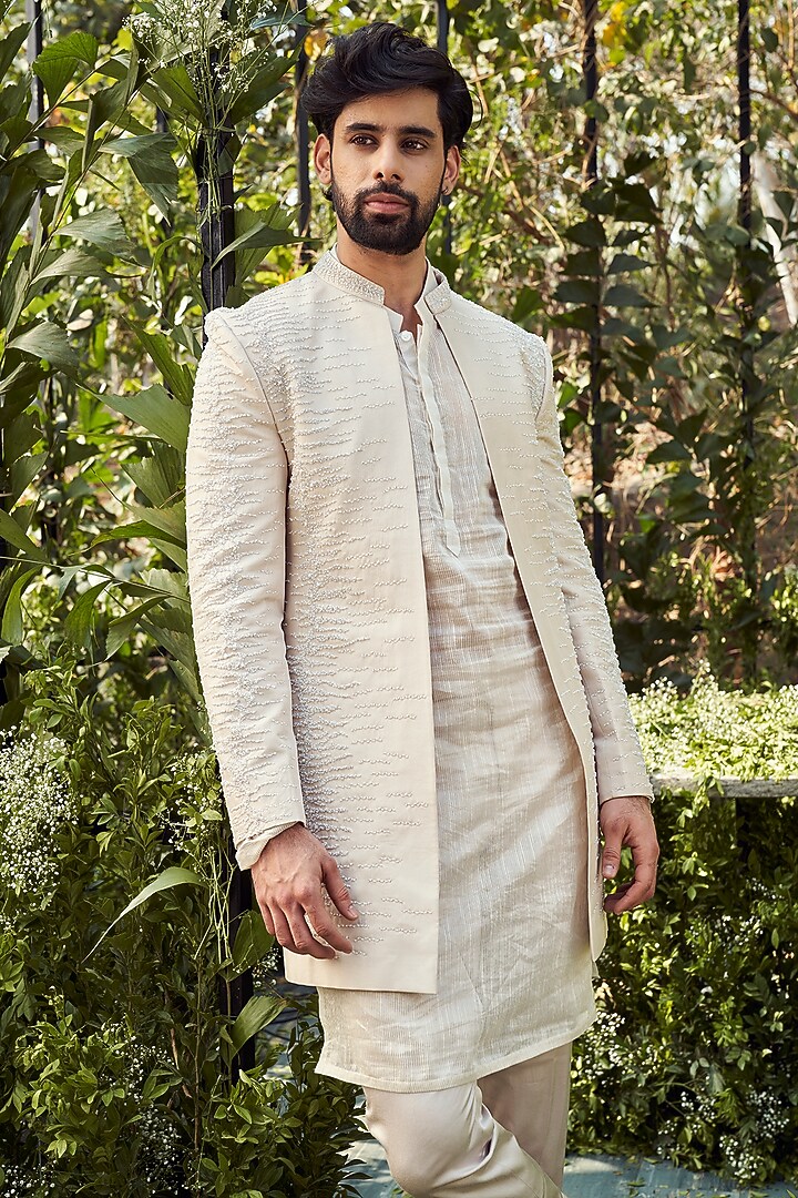 Alabaster White Tulle Silk & Organza Embroidered Groom Indowestern Set by Varun Chakkilam Men at Pernia's Pop Up Shop