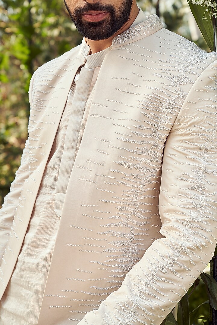 Alabaster White Tulle Silk & Organza Embroidered Groom Indowestern Set by Varun Chakkilam Men at Pernia's Pop Up Shop