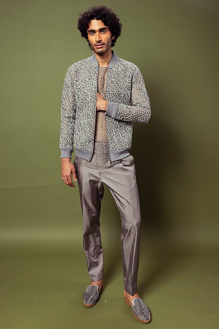 Infinite Grey Tulle Silk & Organza Embroidered Bomber Jacket Set by Varun Chakkilam Men