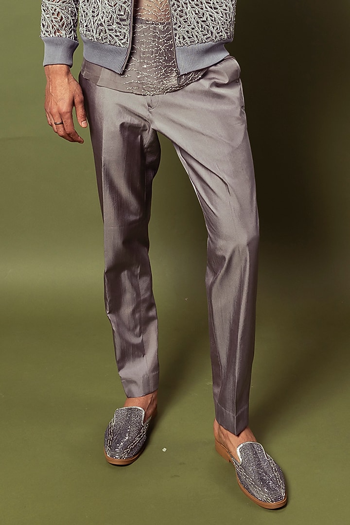 Infinite Grey Tulle Silk & Organza Embroidered Bomber Jacket Set by Varun Chakkilam Men at Pernia's Pop Up Shop