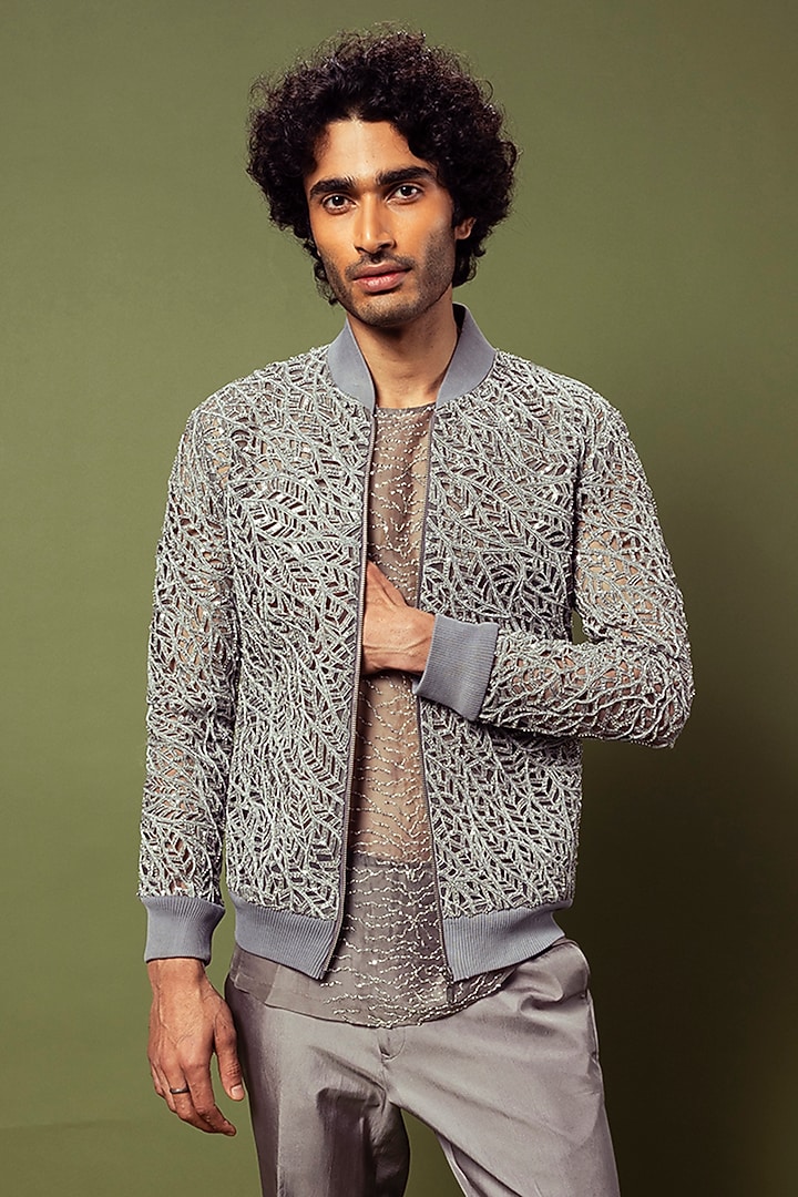 Infinite Grey Tulle Silk & Organza Embroidered Bomber Jacket Set by Varun Chakkilam Men at Pernia's Pop Up Shop